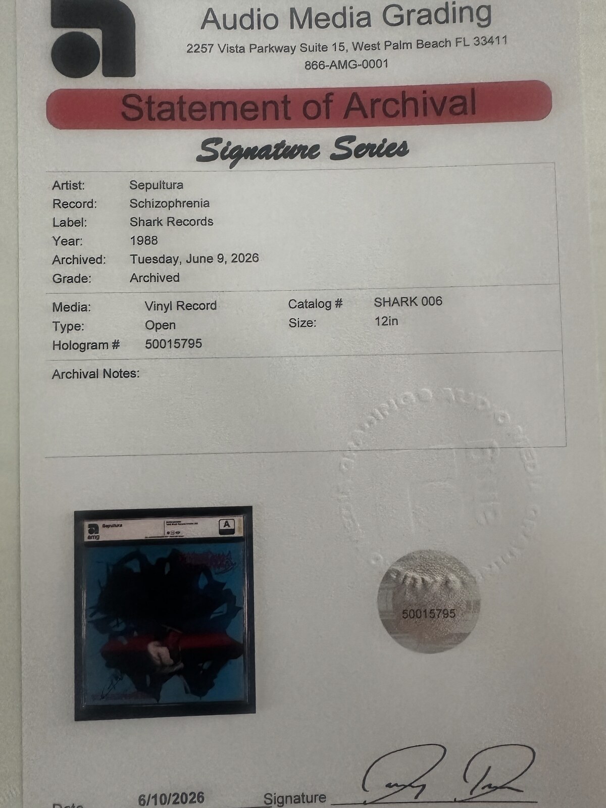 Sepultura Schizophrenia AMG Statement of Archival