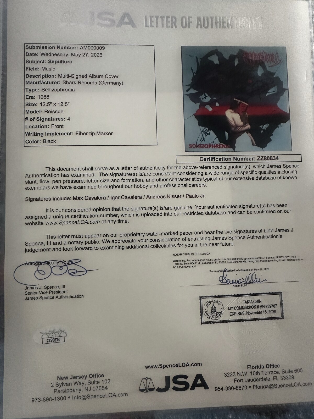 Sepultura Schizophrenia JSA Letter of Authenticity