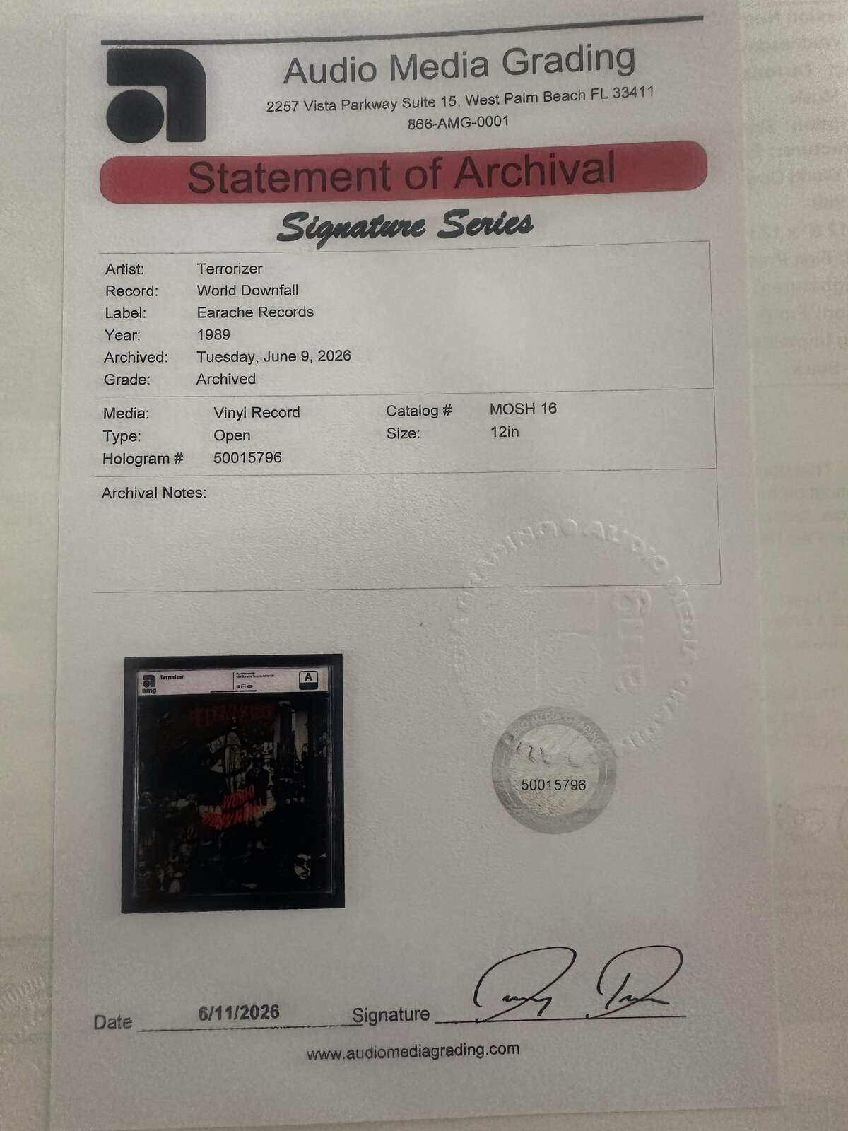 Terrorizer World Downfall AMG Statement of Archival