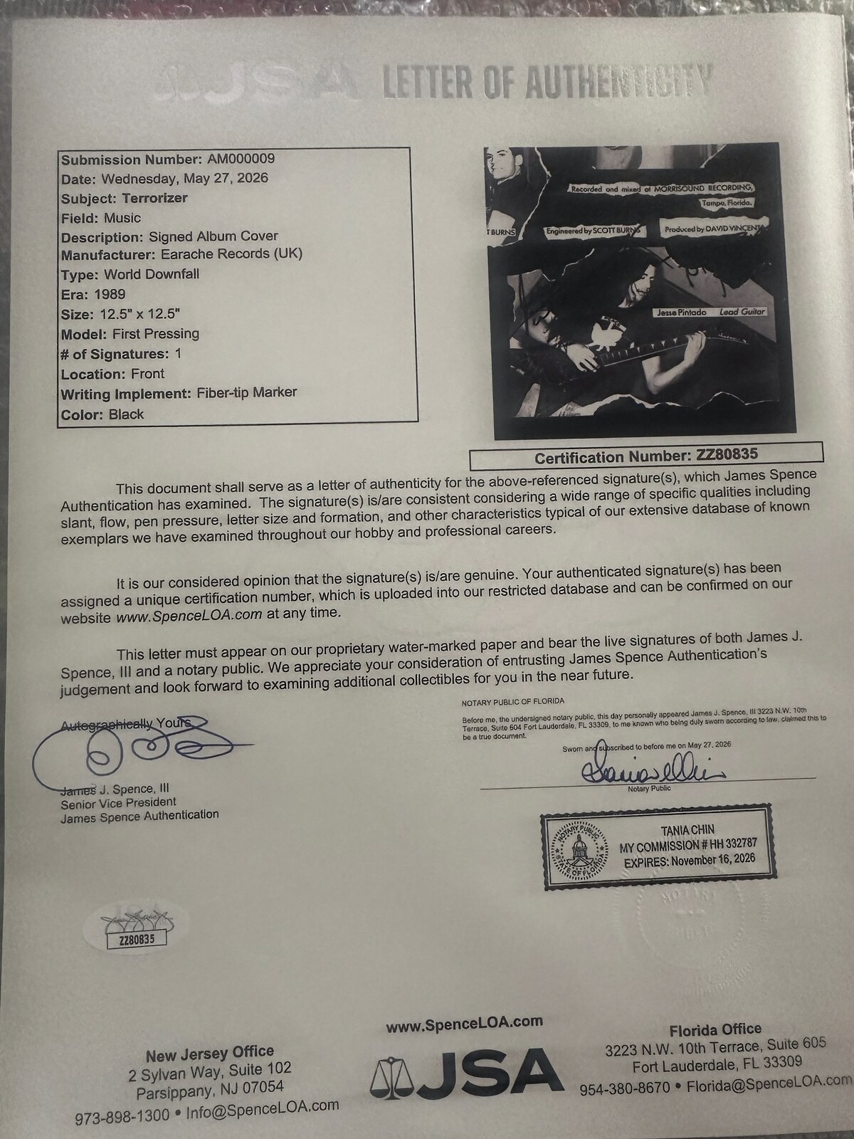 Terrorizer World Downfall JSA Letter of Authenticity
