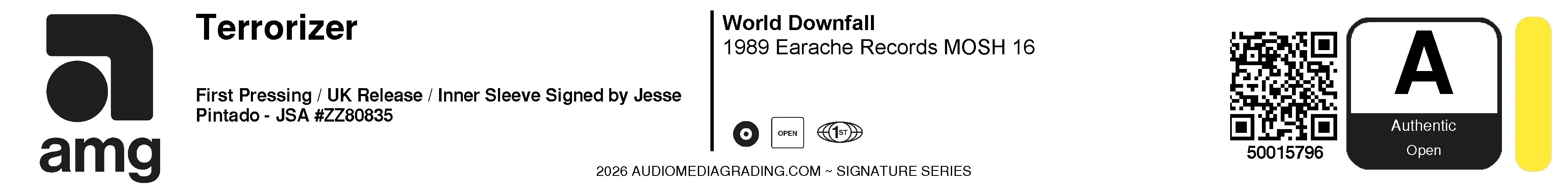 Terrorizer World Downfall AMG authentication label